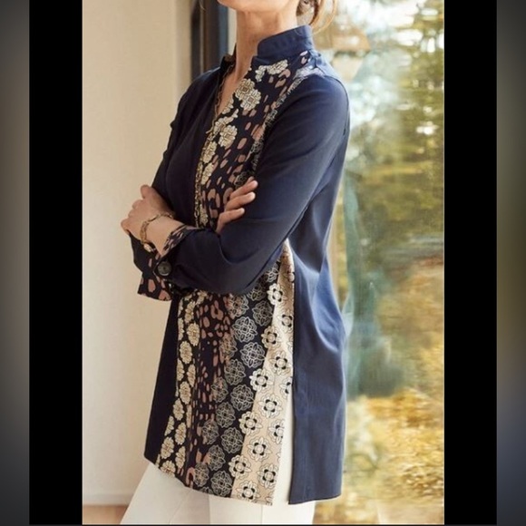 Chico's Navy Mixed Print Tunic Top Size 16 - Picture 2 of 6